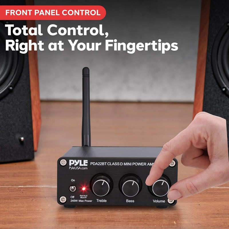 Pyle 240W Mini Bluetooth Home Stereo Amplifier - 2 Channel Compact Micro Receiver with Bass & Treble Control Dials - Includes Power Supply - Use with Passive Speakers for Indoor - Garage - Desktop - Image 4